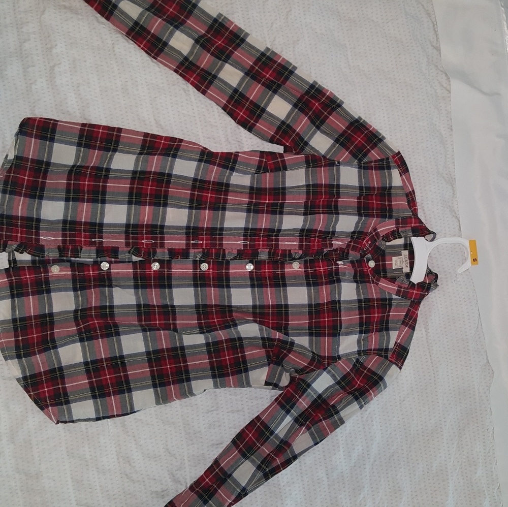 J Crew Women's Plaid Top Ruffled collar and button